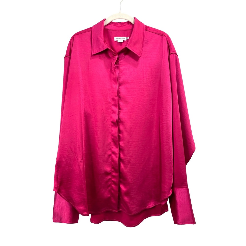 Good American satin button up long‎ sleeve shirt top Size L/XL hot pink barbie